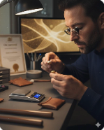 Händler prüft Schmuck am Arbeitsplatz